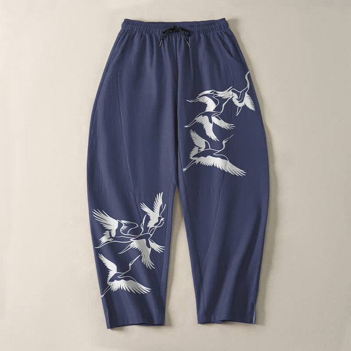 Buddha Stones Pantalon fuselé pour homme en pur coton avec cordon de serrage et poches, motif grue volante. - image 2