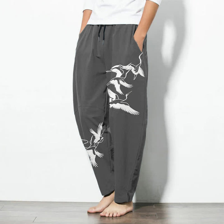 Buddha Stones Pantalon fuselé pour homme en pur coton avec cordon de serrage et poches, motif grue volante. - image 8