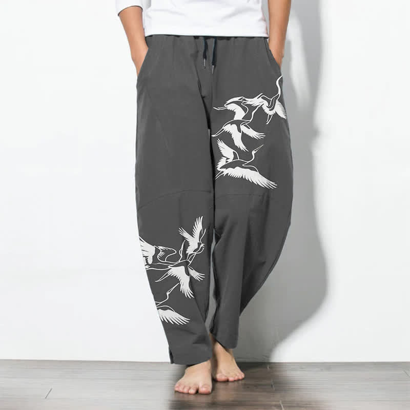 Buddha Stones Pantalon fuselé pour homme en pur coton avec cordon de serrage et poches, motif grue volante. - Gris sombre - US/UK/AU50，EU60 (5XL) - image 7