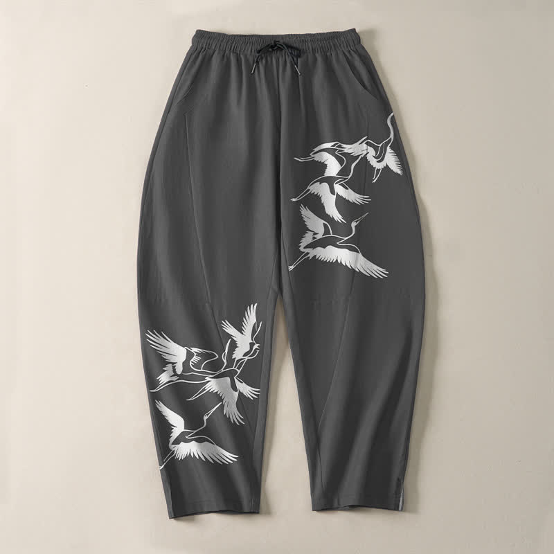 Buddha Stones Pantalon fuselé pour homme en pur coton avec cordon de serrage et poches, motif grue volante. - image 9