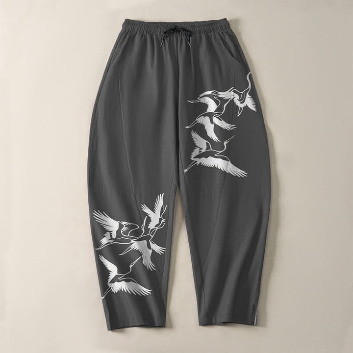 Buddha Stones Pantalon fuselé pour homme en pur coton avec cordon de serrage et poches, motif grue volante. - image 9