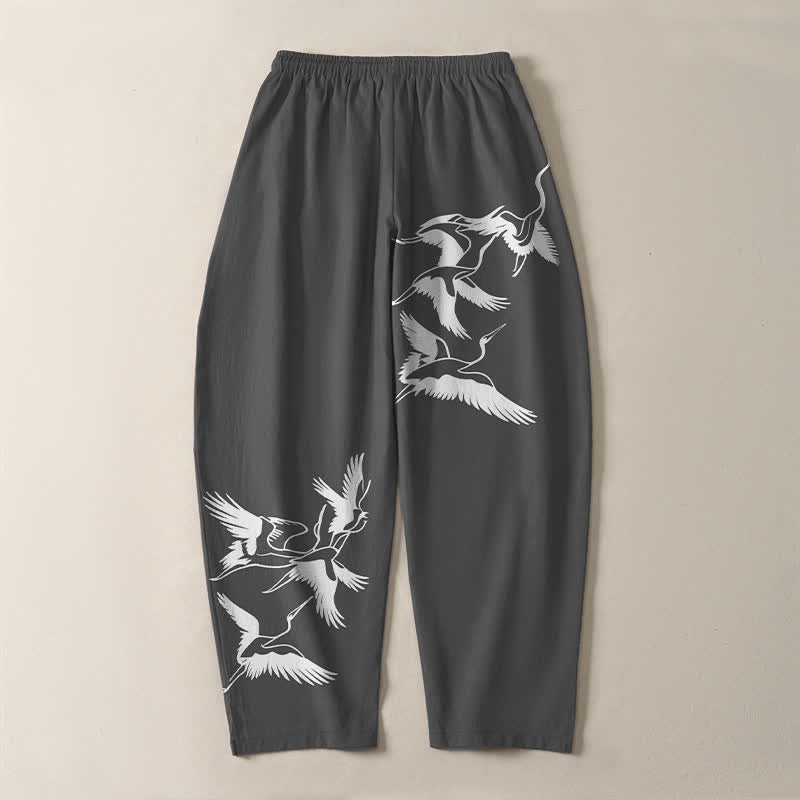 Buddha Stones Pantalon fuselé pour homme en pur coton avec cordon de serrage et poches, motif grue volante. - image 10