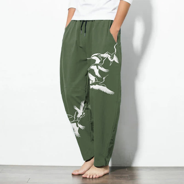 Buddha Stones Pantalon fuselé pour homme en pur coton avec cordon de serrage et poches, motif grue volante. - image 12