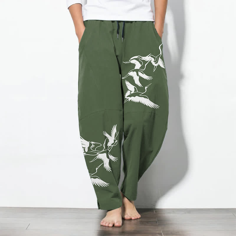 Buddha Stones Pantalon fuselé pour homme en pur coton avec cordon de serrage et poches, motif grue volante. - Vert olive foncé - US/UK/AU50，EU60 (5XL) - image 11