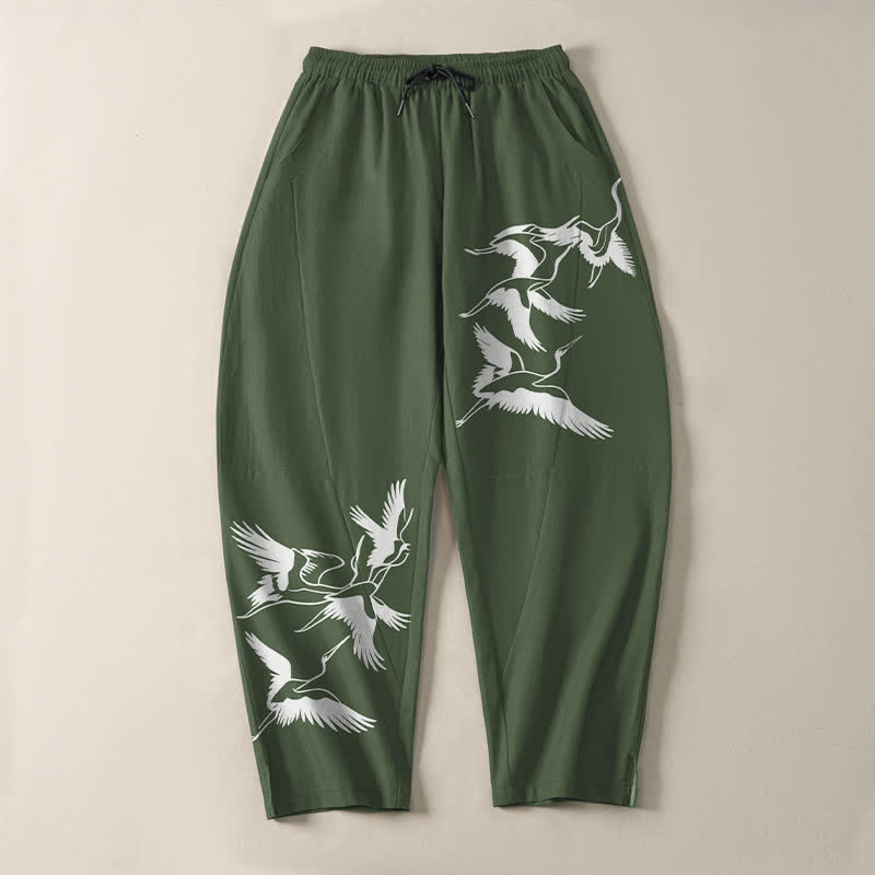 Buddha Stones Pantalon fuselé pour homme en pur coton avec cordon de serrage et poches, motif grue volante. - image 13