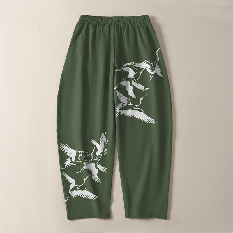 Buddha Stones Pantalon fuselé pour homme en pur coton avec cordon de serrage et poches, motif grue volante. - image 14