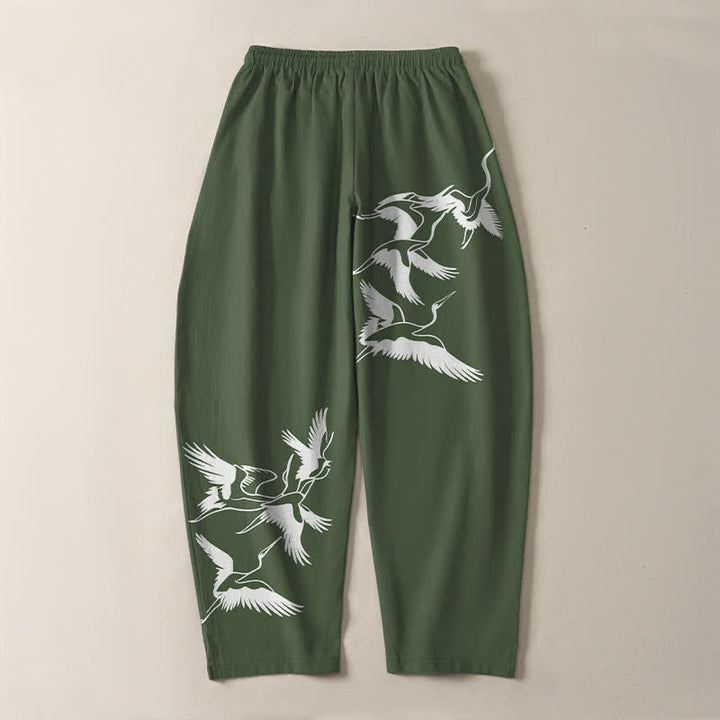 Buddha Stones Pantalon fuselé pour homme en pur coton avec cordon de serrage et poches, motif grue volante. - image 14