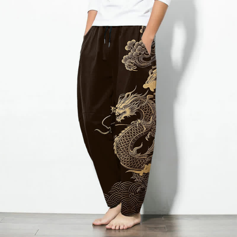 Buddha Stones Pantalon fuselé pour homme en pur coton, motif nuage de dragon doré, cordon de serrage et poches - image 1