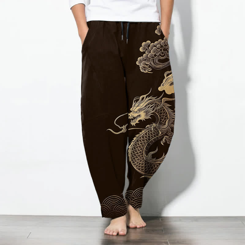 Buddha Stones Pantalon fuselé pour homme en pur coton, motif nuage de dragon doré, cordon de serrage et poches - SaddleBrown - US/UK/AU50，EU60 (5XL) - image 0