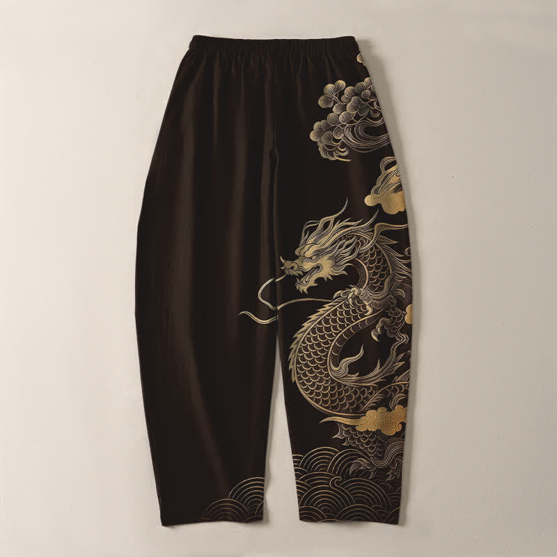Buddha Stones Pantalon fuselé pour homme en pur coton, motif nuage de dragon doré, cordon de serrage et poches - image 2