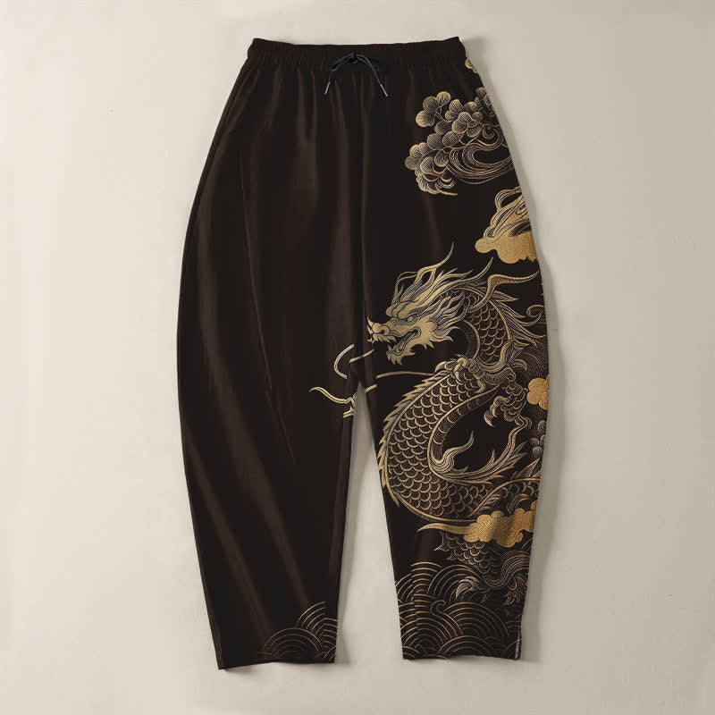 Buddha Stones Pantalon fuselé pour homme en pur coton, motif nuage de dragon doré, cordon de serrage et poches - image 3
