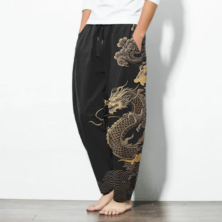 Buddha Stones Pantalon fuselé pour homme en pur coton, motif nuage de dragon doré, cordon de serrage et poches - image 8