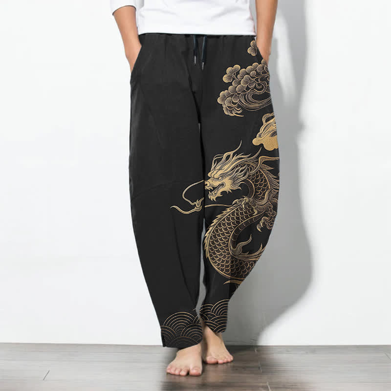 Buddha Stones Pantalon fuselé pour homme en pur coton, motif nuage de dragon doré, cordon de serrage et poches - Noir - US/UK/AU50，EU60 (5XL) - image 7