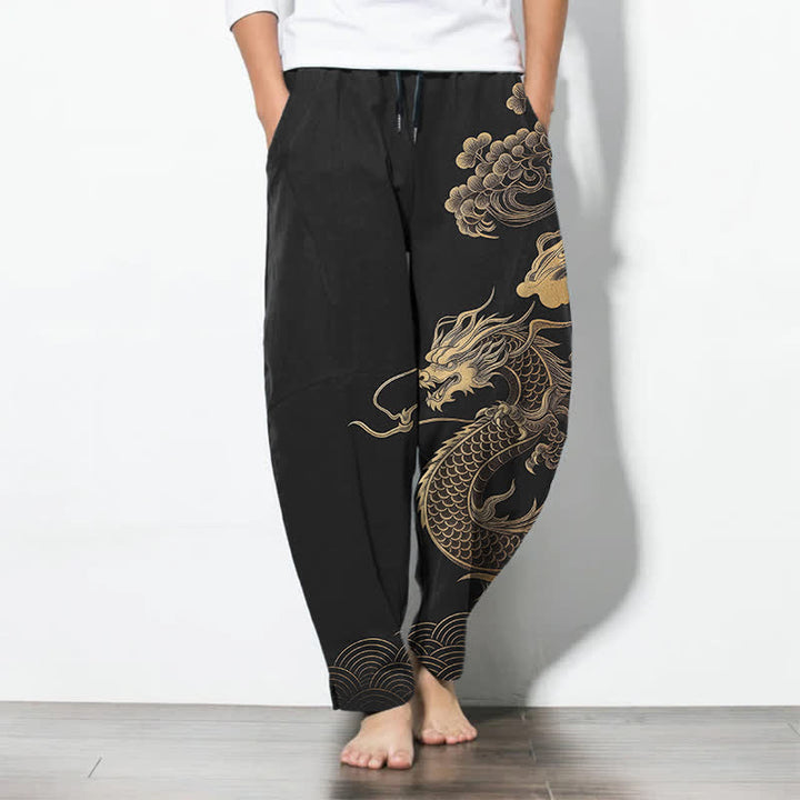 Buddha Stones Pantalon fuselé pour homme en pur coton, motif nuage de dragon doré, cordon de serrage et poches - Noir - US/UK/AU50，EU60 (5XL) - image 7