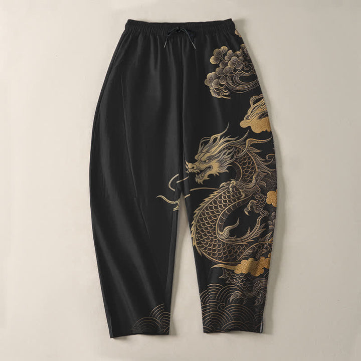 Buddha Stones Pantalon fuselé pour homme en pur coton, motif nuage de dragon doré, cordon de serrage et poches - image 9
