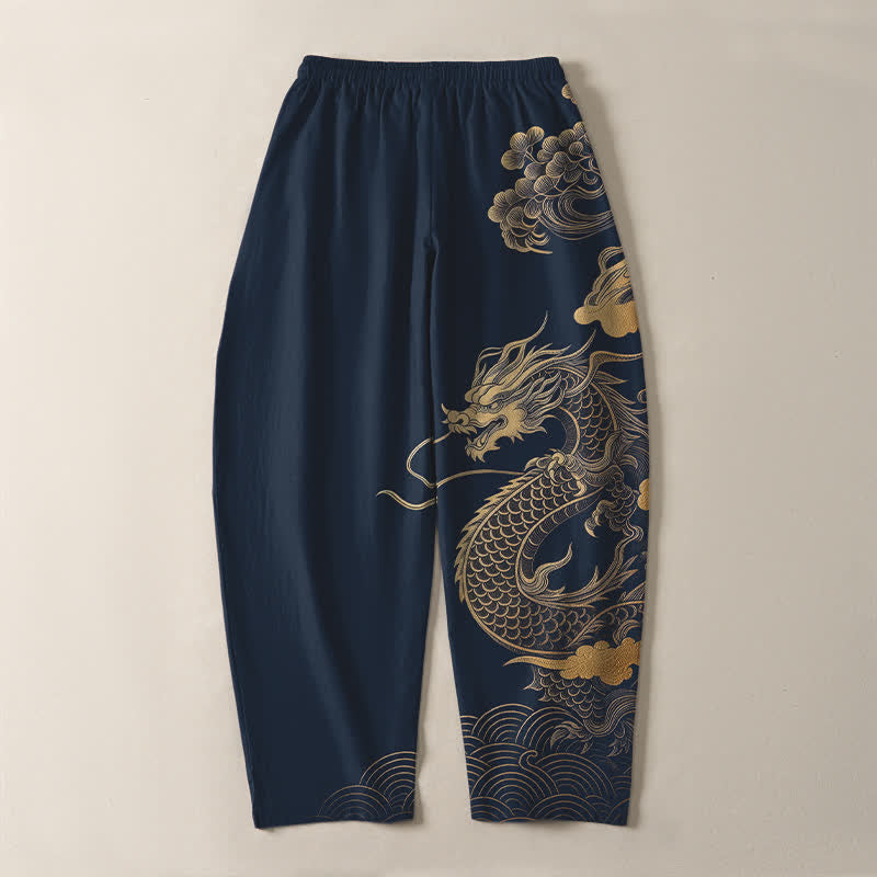 Buddha Stones Pantalon fuselé pour homme en pur coton, motif nuage de dragon doré, cordon de serrage et poches - image 14