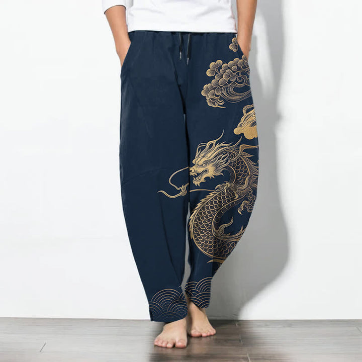 Buddha Stones Pantalon fuselé pour homme en pur coton, motif nuage de dragon doré, cordon de serrage et poches - Marine - US/UK/AU50，EU60 (5XL) - image 11