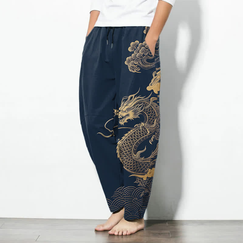 Buddha Stones Pantalon fuselé pour homme en pur coton, motif nuage de dragon doré, cordon de serrage et poches - image 12