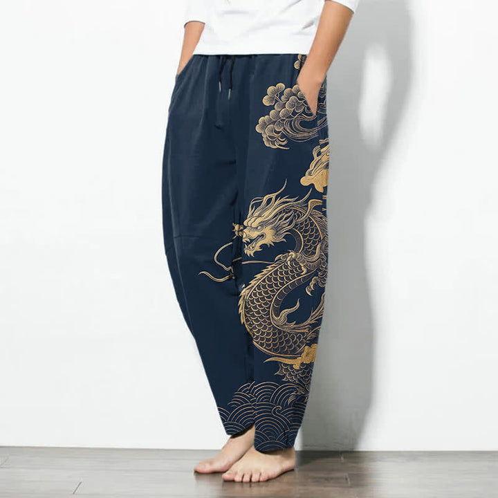 Buddha Stones Pantalon fuselé pour homme en pur coton, motif nuage de dragon doré, cordon de serrage et poches - image 12
