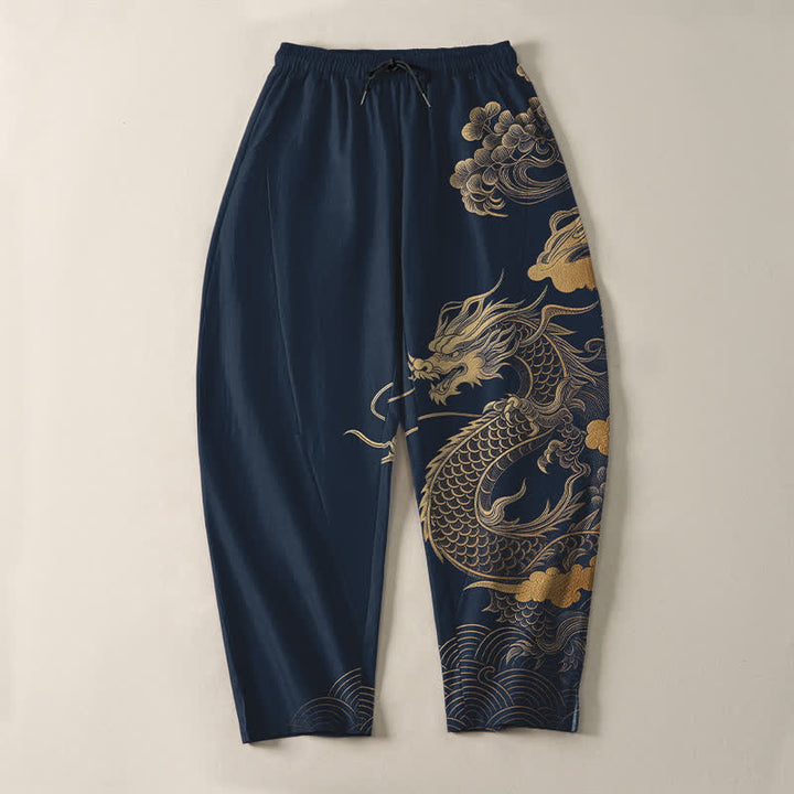 Buddha Stones Pantalon fuselé pour homme en pur coton, motif nuage de dragon doré, cordon de serrage et poches - image 13