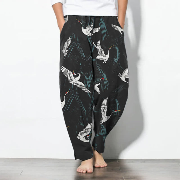 Buddha Stones Pantalon fuselé pour homme en pur coton noir et blanc à motif de grues, avec cordon de serrage et poches. - Noir - US/UK/AU50，EU60 (5XL) - image 0
