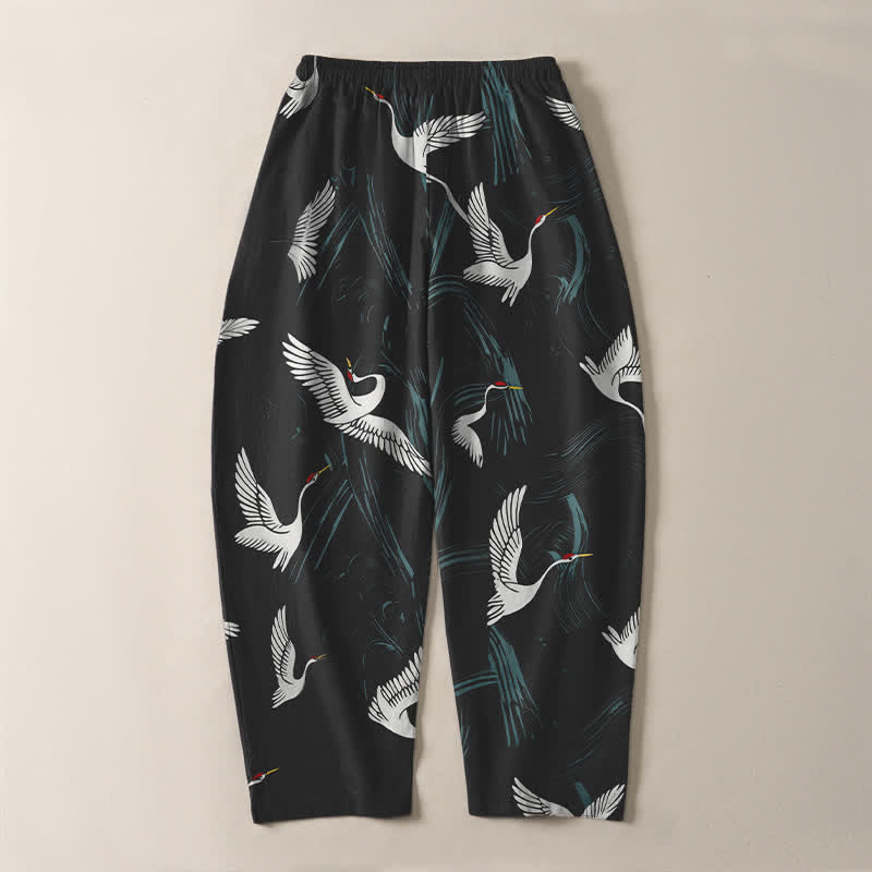 Buddha Stones Pantalon fuselé pour homme en pur coton noir et blanc à motif de grues, avec cordon de serrage et poches. - image 3