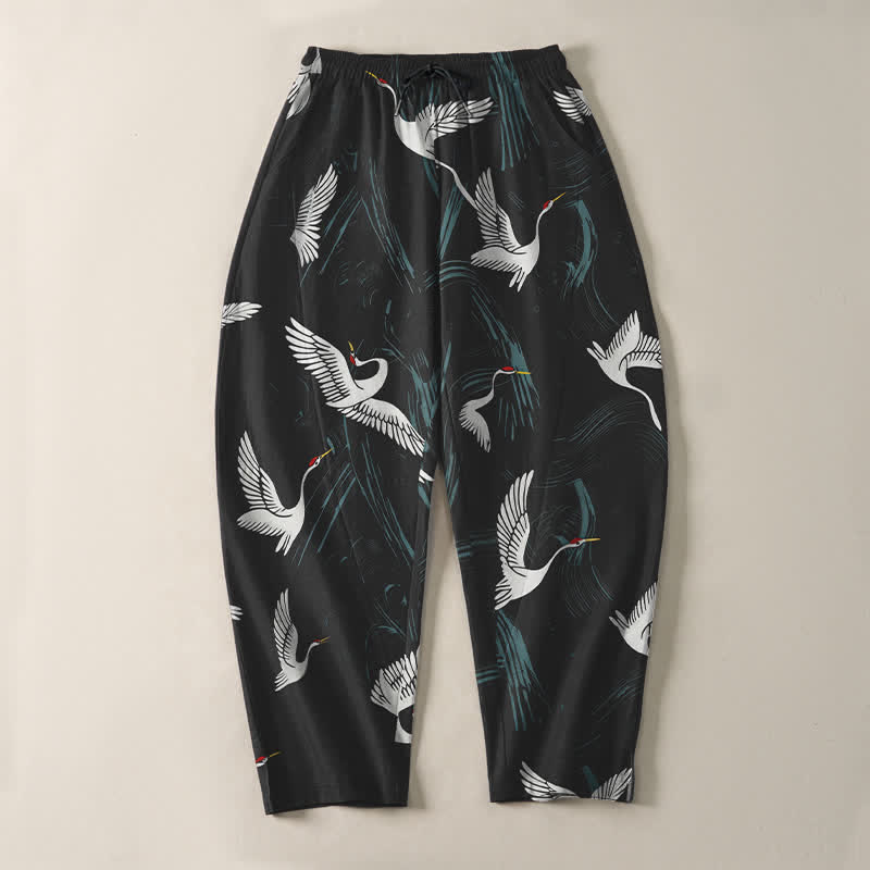 Buddha Stones Pantalon fuselé pour homme en pur coton noir et blanc à motif de grues, avec cordon de serrage et poches. - image 2