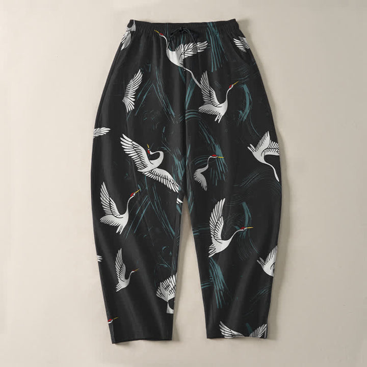 Buddha Stones Pantalon fuselé pour homme en pur coton noir et blanc à motif de grues, avec cordon de serrage et poches. - image 2