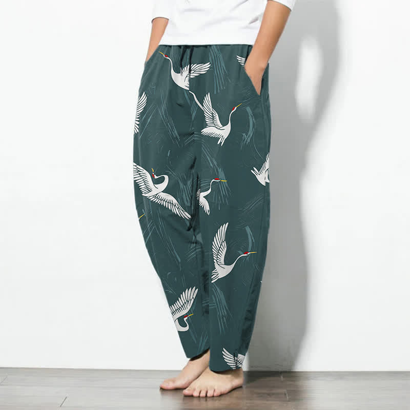 Buddha Stones Pantalon fuselé pour homme en pur coton noir et blanc à motif de grues, avec cordon de serrage et poches. - image 8