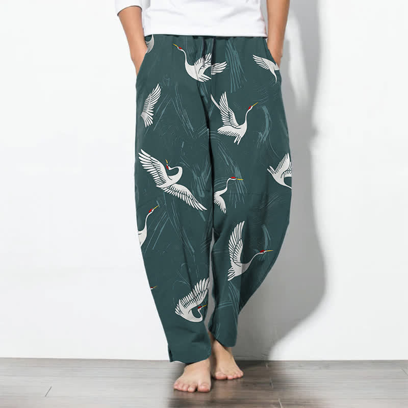 Buddha Stones Pantalon fuselé pour homme en pur coton noir et blanc à motif de grues, avec cordon de serrage et poches. - CadetBlue - US/UK/AU50，EU60 (5XL) - image 7