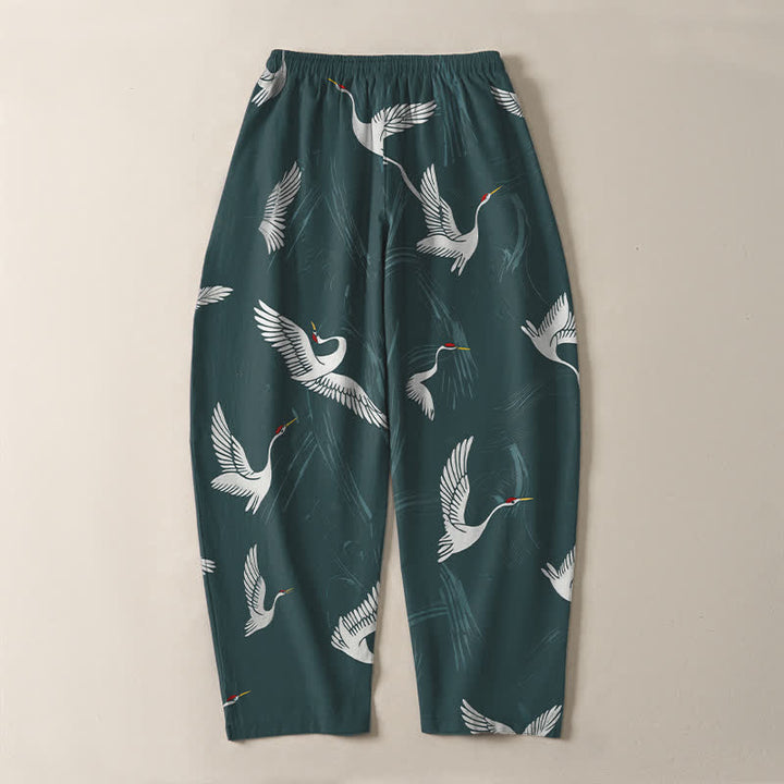 Buddha Stones Pantalon fuselé pour homme en pur coton noir et blanc à motif de grues, avec cordon de serrage et poches. - image 10