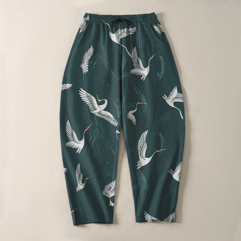 Buddha Stones Pantalon fuselé pour homme en pur coton noir et blanc à motif de grues, avec cordon de serrage et poches. - image 9