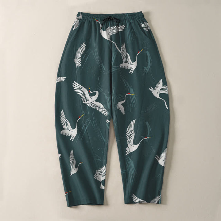 Buddha Stones Pantalon fuselé pour homme en pur coton noir et blanc à motif de grues, avec cordon de serrage et poches. - image 9