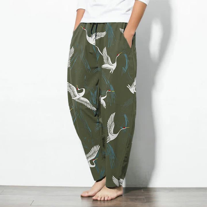 Buddha Stones Pantalon fuselé pour homme en pur coton noir et blanc à motif de grues, avec cordon de serrage et poches. - image 12