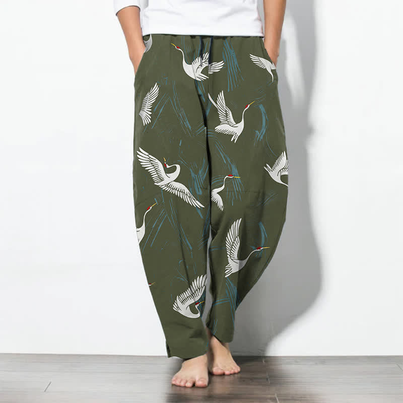 Buddha Stones Pantalon fuselé pour homme en pur coton noir et blanc à motif de grues, avec cordon de serrage et poches. - Vert olive foncé - US/UK/AU50，EU60 (5XL) - image 11