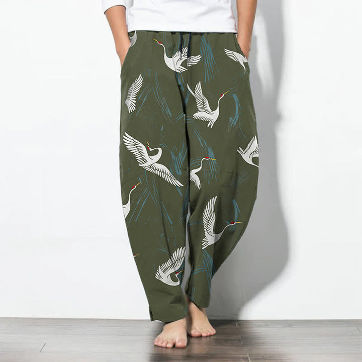 Buddha Stones Pantalon fuselé pour homme en pur coton noir et blanc à motif de grues, avec cordon de serrage et poches. - Vert olive foncé - US/UK/AU50，EU60 (5XL) - image 11