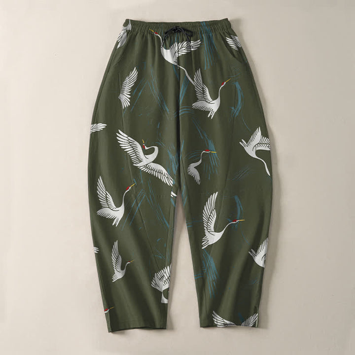 Buddha Stones Pantalon fuselé pour homme en pur coton noir et blanc à motif de grues, avec cordon de serrage et poches. - image 13