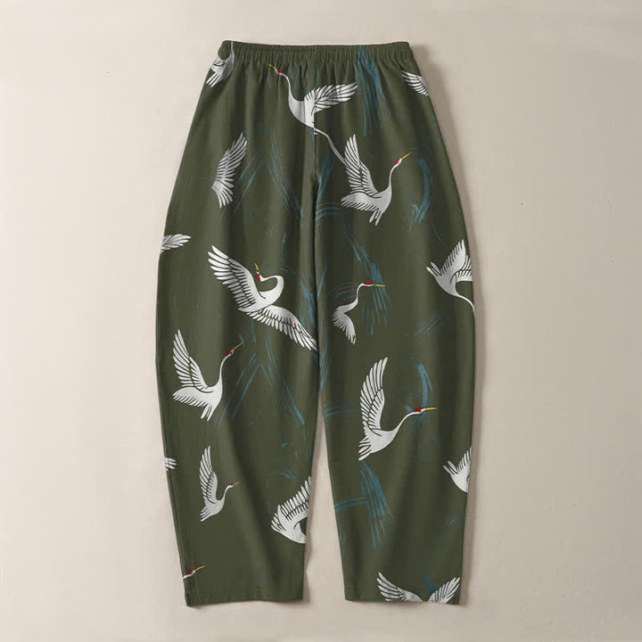 Buddha Stones Pantalon fuselé pour homme en pur coton noir et blanc à motif de grues, avec cordon de serrage et poches. - image 14