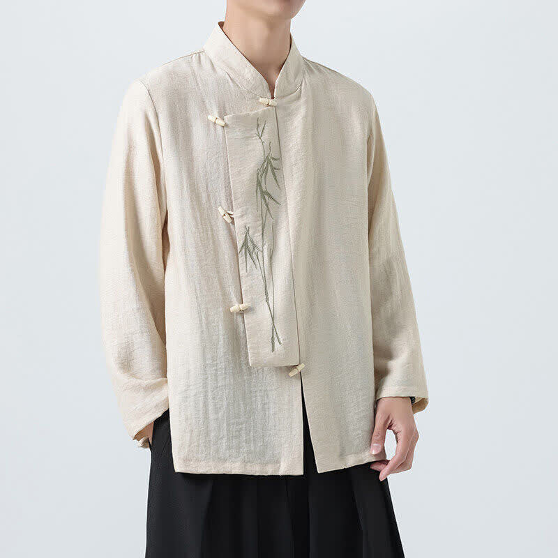 Buddha Stones Chemises à manches longues pour hommes, style vintage, col mandarin, boutons brandebourg, broderie bambou, style Tang printanier - Beige - US/UK/AU46，EU56 (5XL) - image 16