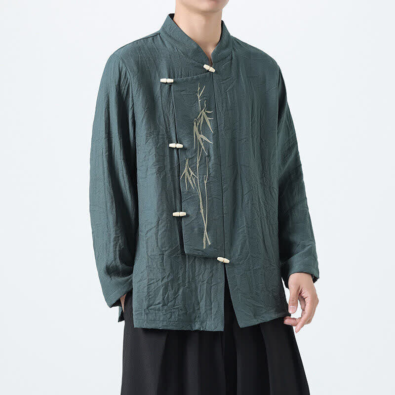 Buddha Stones Chemises à manches longues pour hommes, style vintage, col mandarin, boutons brandebourg, broderie bambou, style Tang printanier - image 1