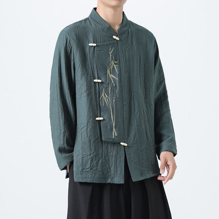Buddha Stones Chemises à manches longues pour hommes, style vintage, col mandarin, boutons brandebourg, broderie bambou, style Tang printanier - image 1