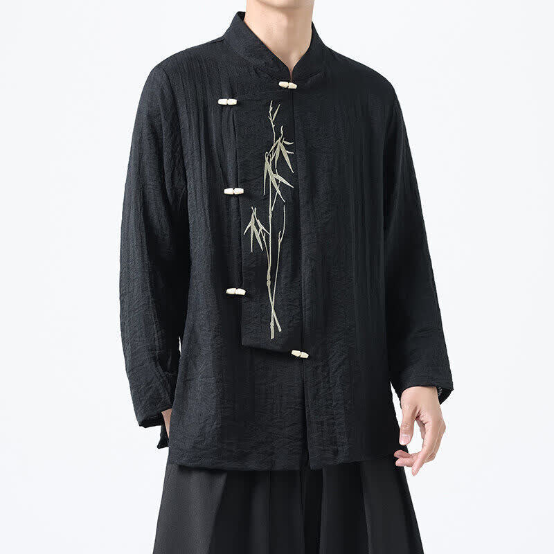 Buddha Stones Chemises à manches longues pour hommes, style vintage, col mandarin, boutons brandebourg, broderie bambou, style Tang printanier - Noir - US/UK/AU46，EU56 (5XL) - image 5