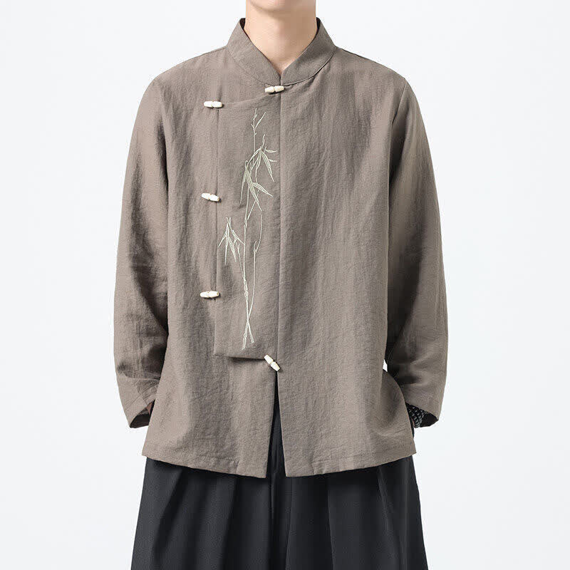 Buddha Stones Chemises à manches longues pour hommes, style vintage, col mandarin, boutons brandebourg, broderie bambou, style Tang printanier - Tanné - US/UK/AU46，EU56 (5XL) - image 11