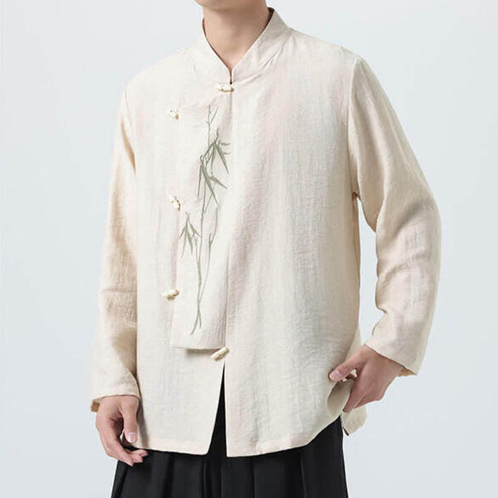 Buddha Stones Chemises à manches longues pour hommes, style vintage, col mandarin, boutons brandebourg, broderie bambou, style Tang printanier - image 17