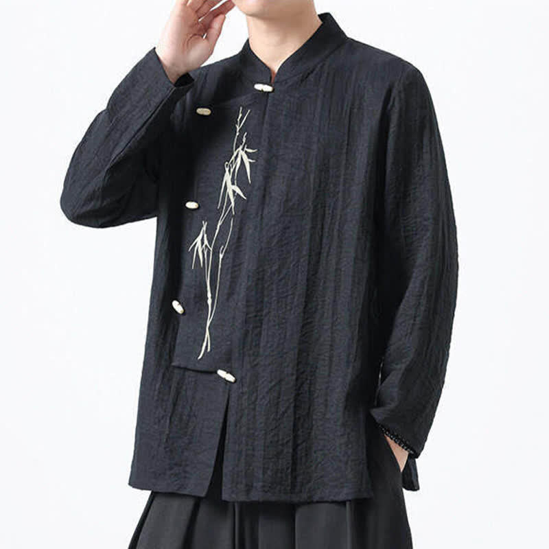 Buddha Stones Chemises à manches longues pour hommes, style vintage, col mandarin, boutons brandebourg, broderie bambou, style Tang printanier - image 10
