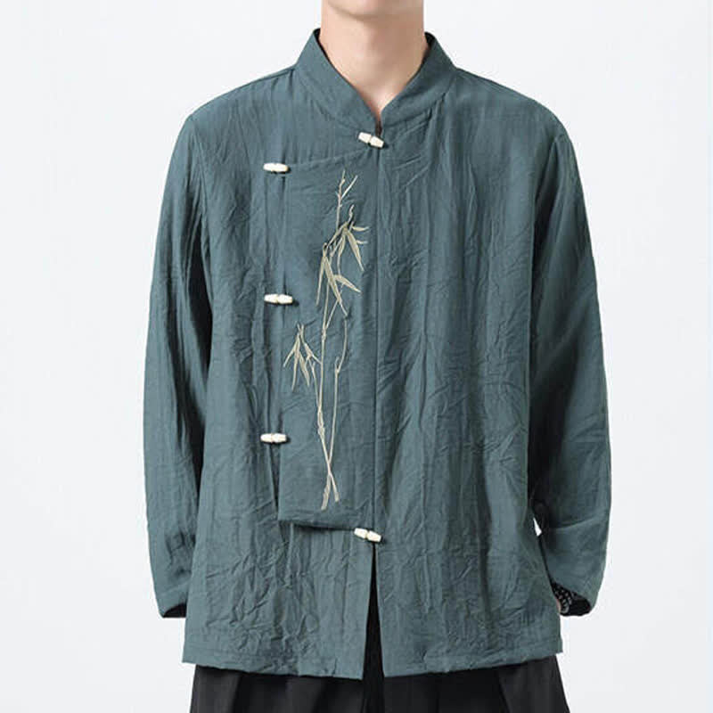 Buddha Stones Chemises à manches longues pour hommes, style vintage, col mandarin, boutons brandebourg, broderie bambou, style Tang printanier - image 3