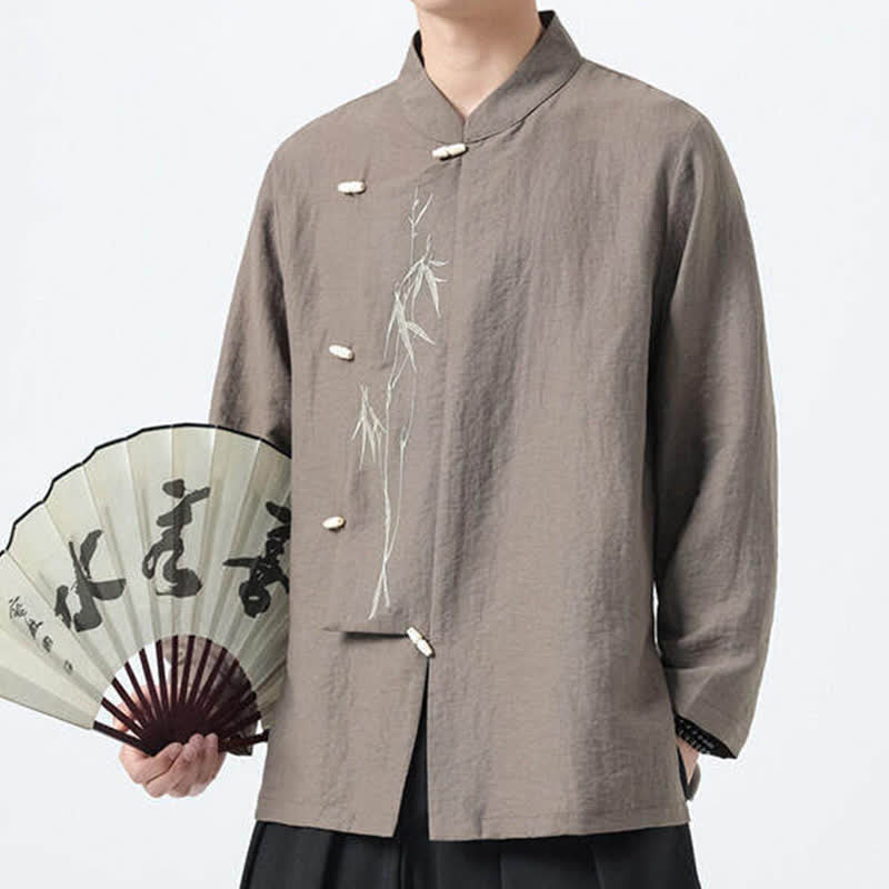 Buddha Stones Chemises à manches longues pour hommes, style vintage, col mandarin, boutons brandebourg, broderie bambou, style Tang printanier - image 12