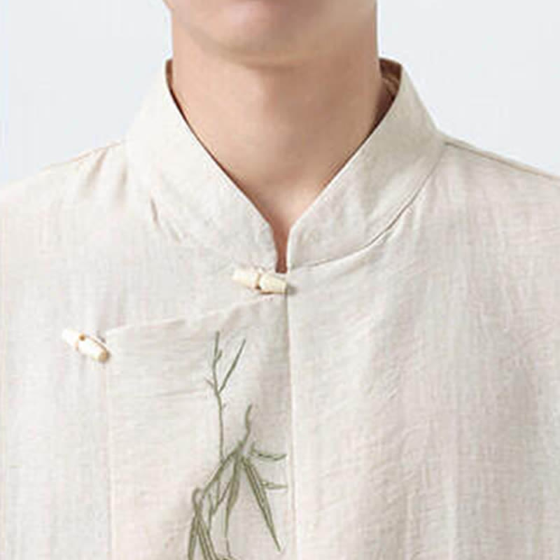 Buddha Stones Chemises à manches longues pour hommes, style vintage, col mandarin, boutons brandebourg, broderie bambou, style Tang printanier - image 24