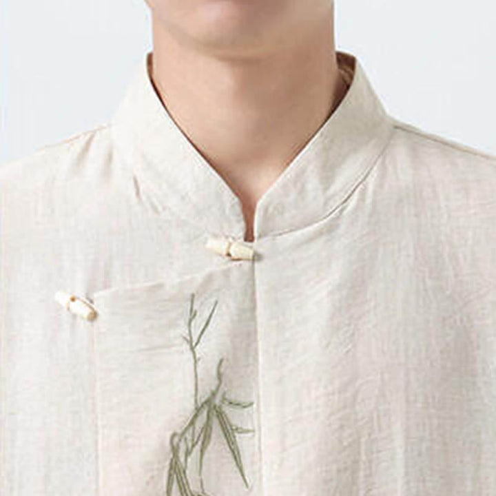 Buddha Stones Chemises à manches longues pour hommes, style vintage, col mandarin, boutons brandebourg, broderie bambou, style Tang printanier - image 24