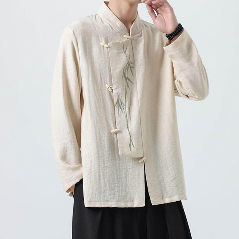 Buddha Stones Chemises à manches longues pour hommes, style vintage, col mandarin, boutons brandebourg, broderie bambou, style Tang printanier - image 21